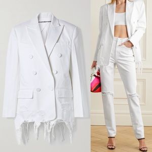 Alexander Wang Frayed Double Breasted Denim Blazer in White